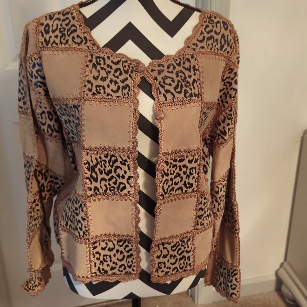 SMH Boutique suede cheetah print with embroidered trim jacket